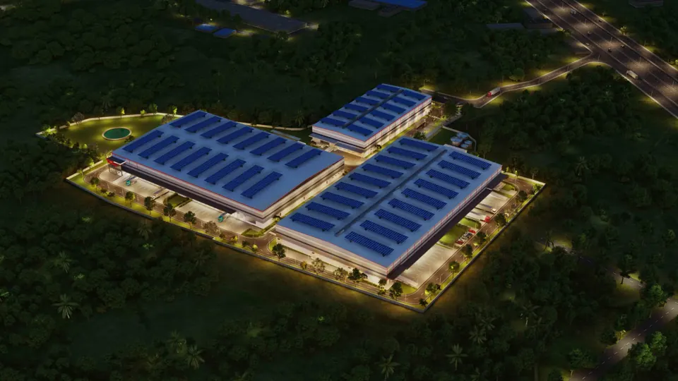 Aerial view of the park at dusk with rooftop solar