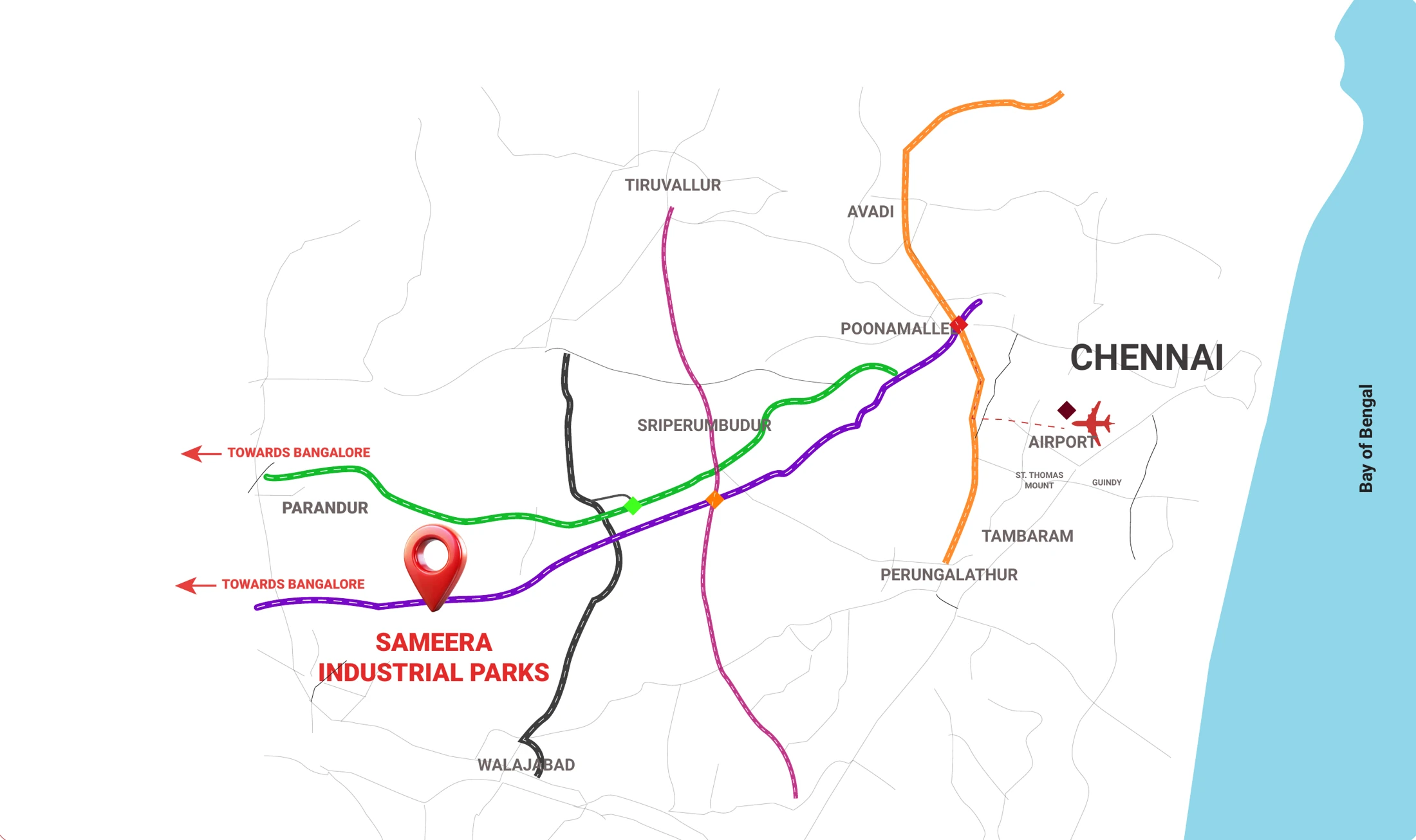 Map showing Sameera Industrial Parks on NH 48 west of Sriperumbudur, with the Bangalore–Chennai Expressway, Outer Ring Road, CPR Road and Chennai airport