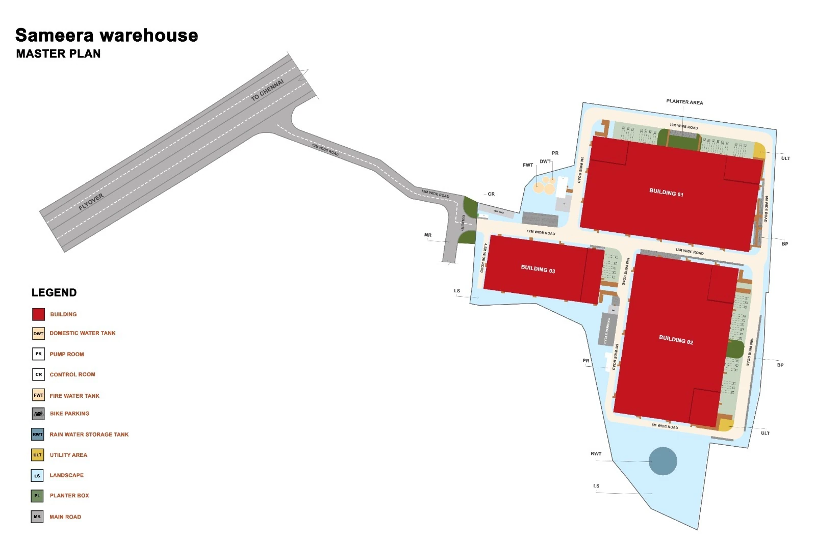 Master plan of the park showing three buildings, internal roads, truck parking, utilities and landscaped areas